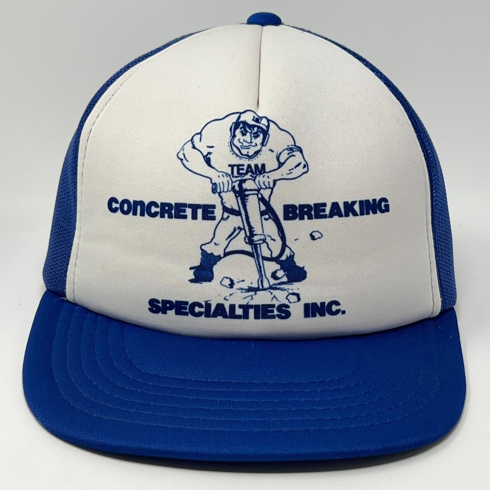 Vintage Trucker Hat in blue and white featuring Concrete Breaking Specialties logo on the front