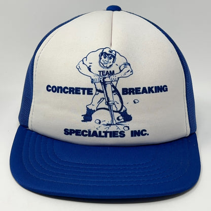 Vintage Trucker Hat in blue and white featuring Concrete Breaking Specialties logo on the front