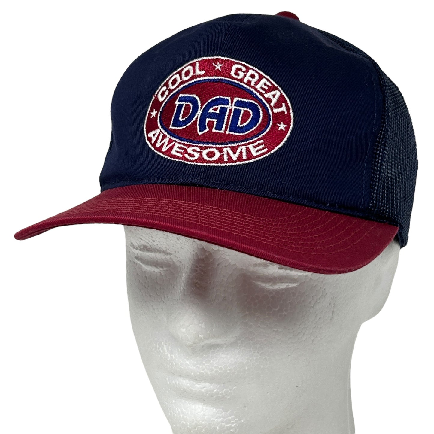 Vintage navy and maroon Dad hat with 'Cool Great Awesome' embroidery on the front
