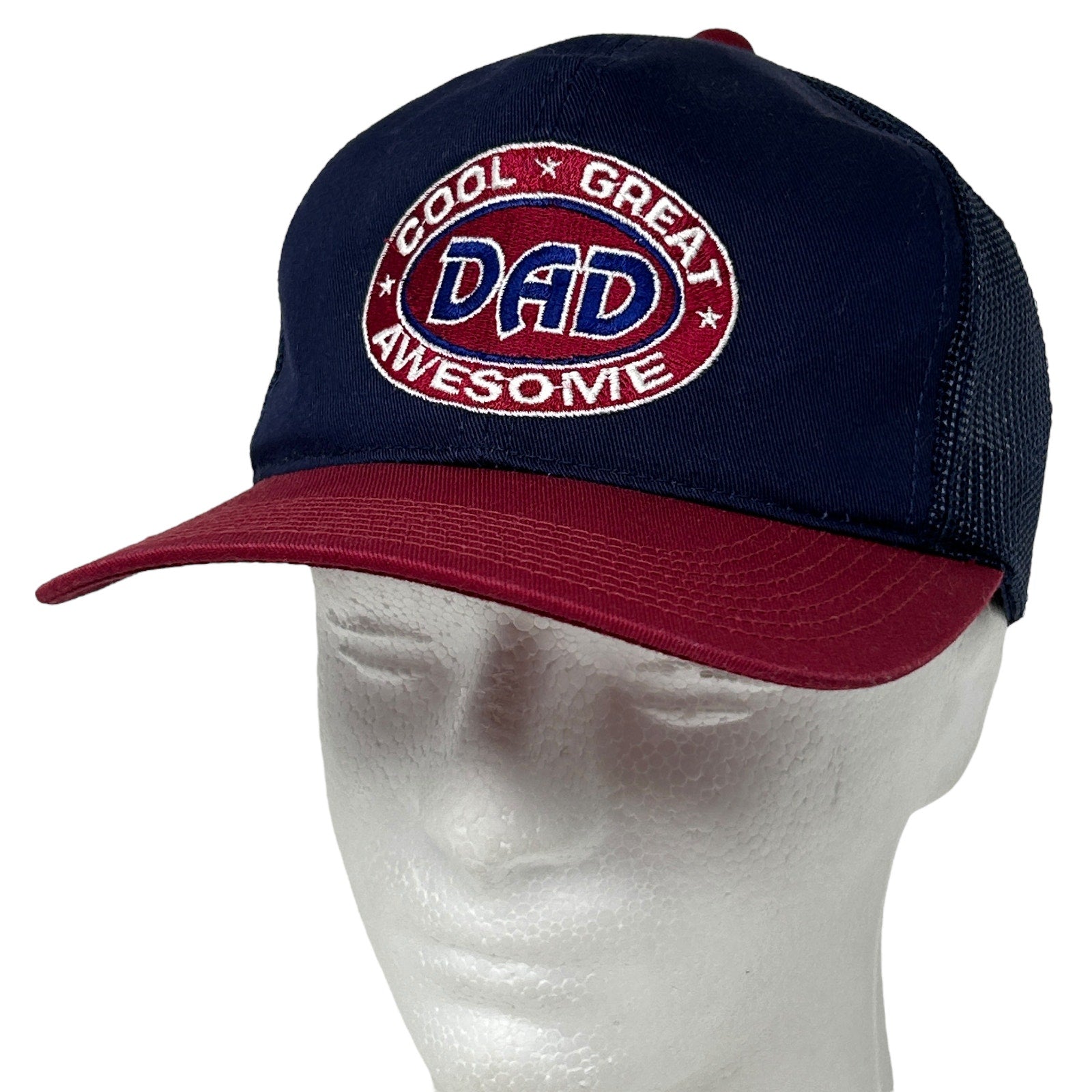 Vintage navy and maroon Dad hat with 'Cool Great Awesome' embroidery on the front