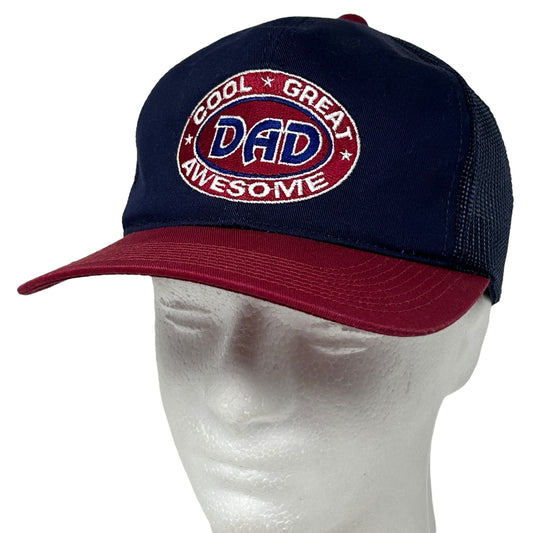 Vintage navy and maroon Dad hat with 'Cool Great Awesome' embroidery on the front