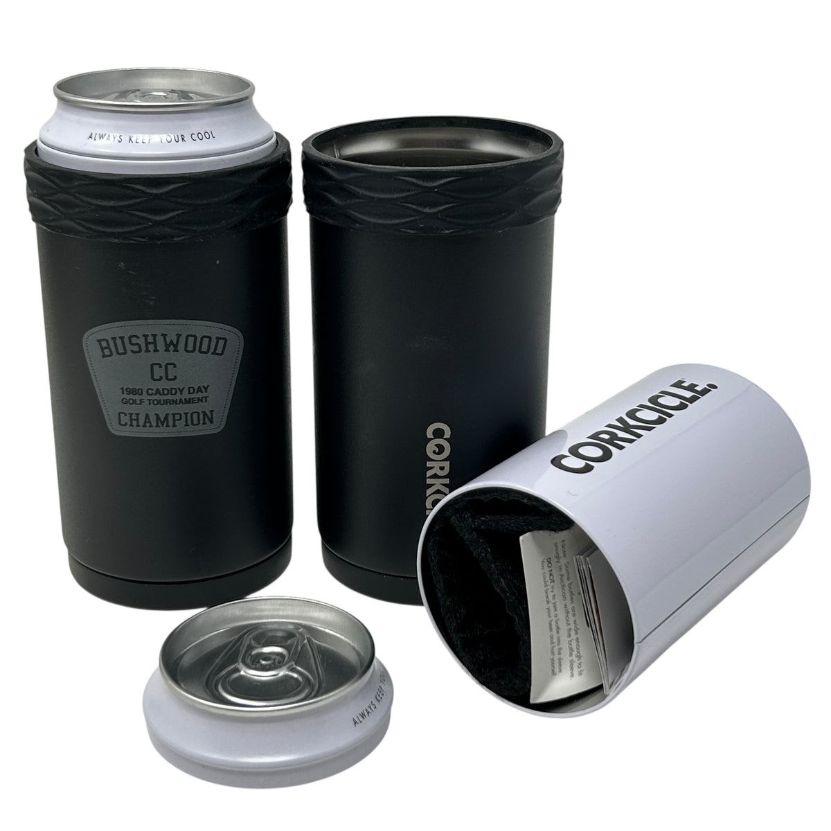 Corkcicle Caddyshack Insulated Can Cooler in black with Bushwood CC logo and sleek design