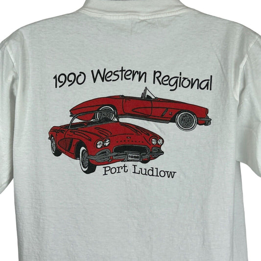 Alore Corvette T-Shirt in white featuring red Corvette graphics and '1990 Western Regional Port Ludlow' text on back