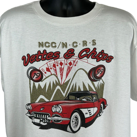 Vintage white Corvette T-shirt with graphic design featuring a classic car and poker chips, front view.