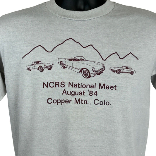 Gray JERZEES T-Shirt featuring Corvette graphic from NCRS National Meet August '84, front view