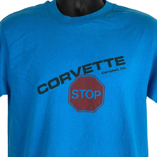 Vintage blue Corvette T-Shirt in size medium with a graphic stop sign design on the front