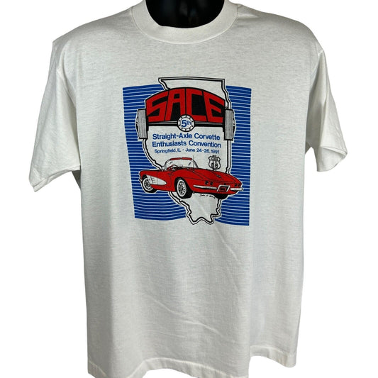 Front view of white Screen Stars T-Shirt featuring a vintage Corvette graphic for the Enthusiasts Convention