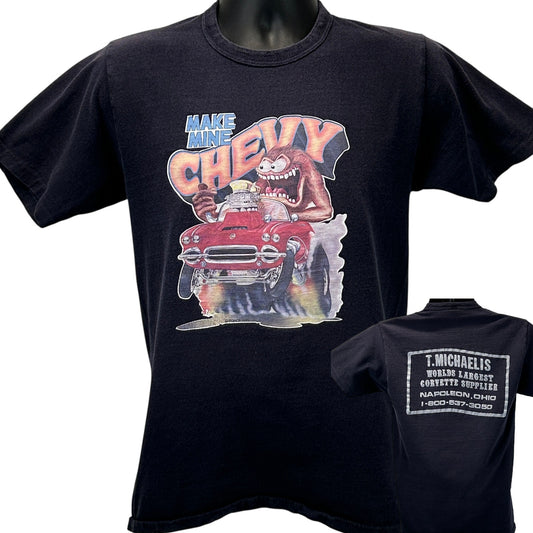 Black Vintage Corvette T-Shirt featuring a front print of a monster driving a red car, size medium