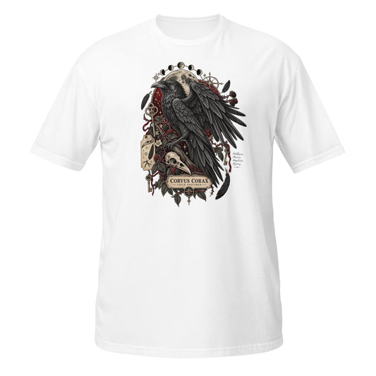White T-shirt featuring a Raven graphic design with detailed artwork on the front