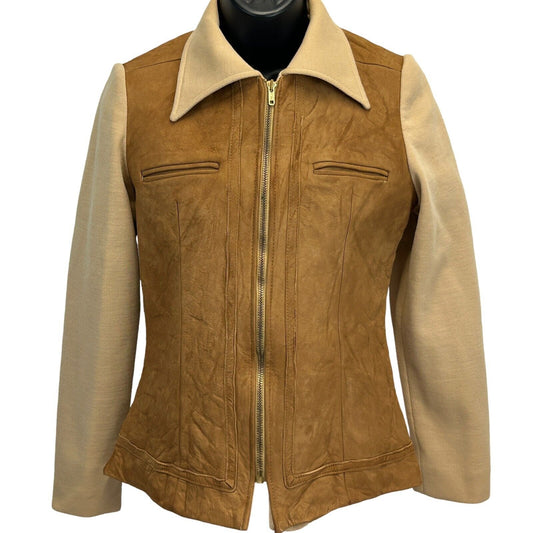 Vintage Cowgirl Jacket in Tan and Beige with Front Zip Closure and Unique Pocket Design