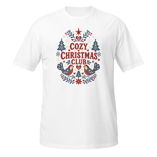 Neonvtg white Christmas T-shirt featuring Cozy Christmas Club design with festive colors