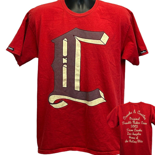 Red Crooks and Castles T-Shirt in size large featuring bold 'C' logo on the front and design details on the back