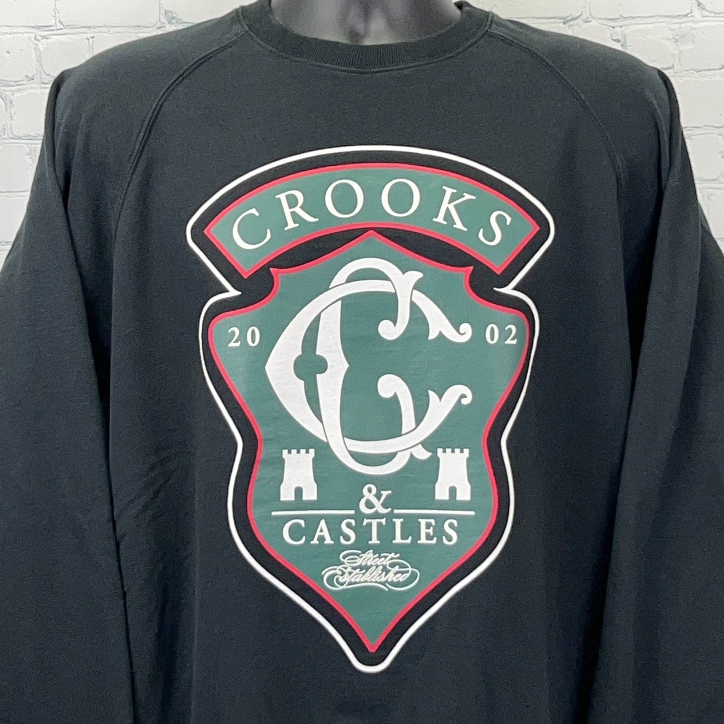 Crooks & Castles 2002 sweatshirt in black, large size, front view, streetwear sweatshirt