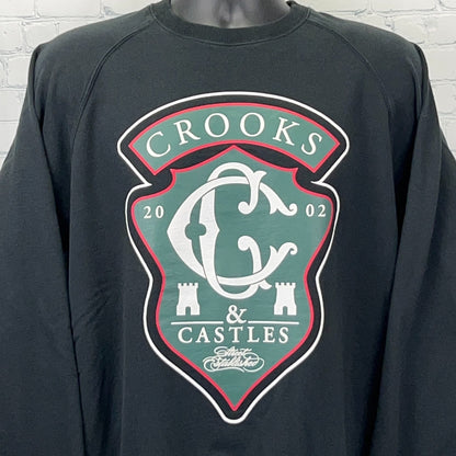Crooks & Castles 2002 sweatshirt in black, large size, front view, streetwear sweatshirt