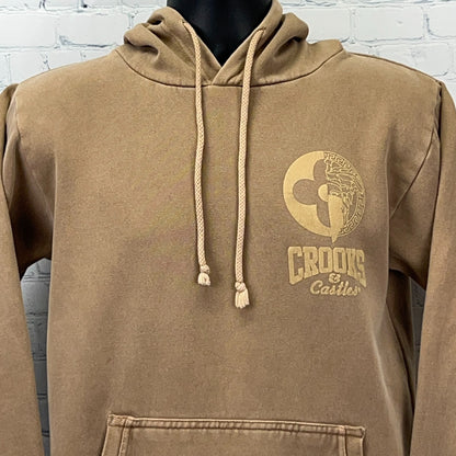 Brown Crooks and Castles hoodie featuring a front logo and drawstring hood in a relaxed fit