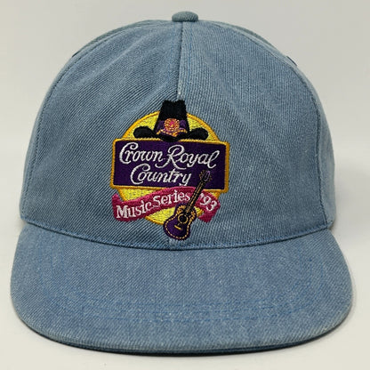 Front view of Vintage Country Music hat in light blue featuring embroidered logo and guitar design