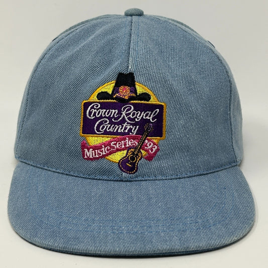 Front view of Vintage Country Music hat in light blue featuring embroidered logo and guitar design