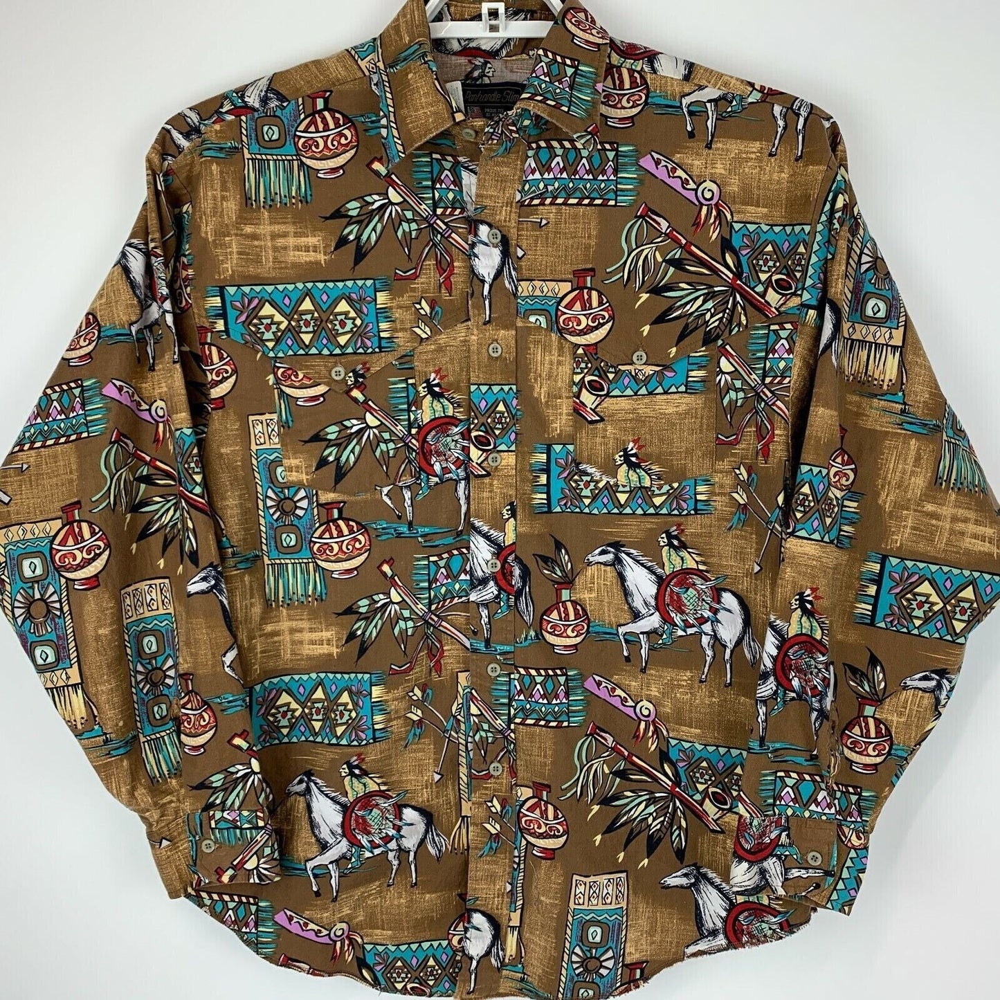 Vintage Panhandle Slim Button Front Shirt Medium Native American Indian Brown