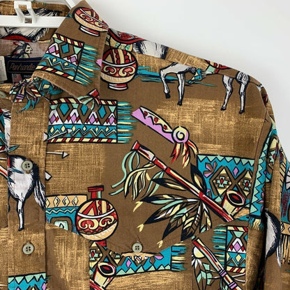 Vintage Panhandle Slim Button Front Shirt Medium Native American Indian Brown