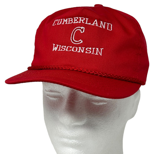 Red Vintage Hat featuring 'Cumberland Wisconsin' embroidered on the front for casual wear