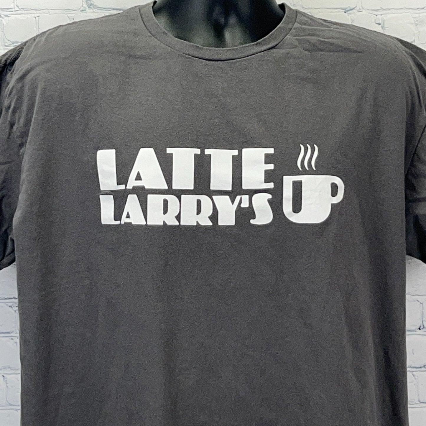 Gildan dark gray T-shirt featuring 'Latte Larry's Up' print, front view, perfect for Curb Your Enthusiasm fans