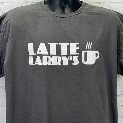 Gildan dark gray T-shirt featuring 'Latte Larry's Up' print, front view, perfect for Curb Your Enthusiasm fans