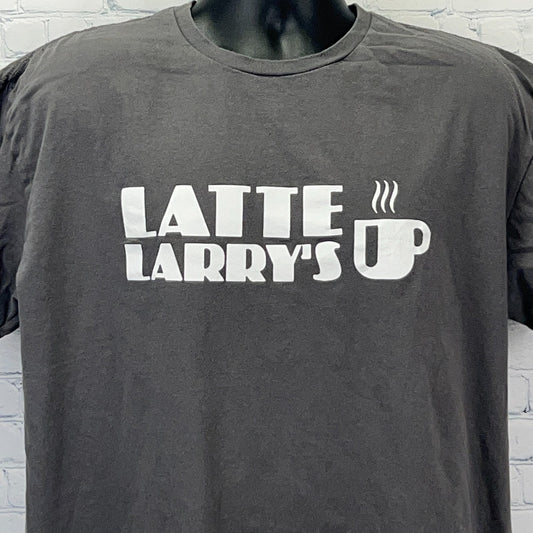 Gildan dark gray T-shirt featuring 'Latte Larry's Up' print, front view, perfect for Curb Your Enthusiasm fans