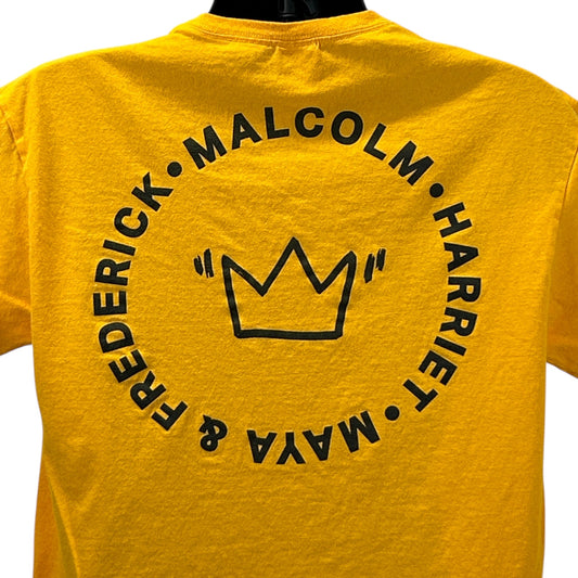 Yellow Delta T-Shirt with Black History design, featuring Malcolm, Harriet, and Frederick in a circular layout on the back
