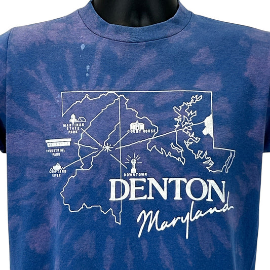 Denton Maryland T-Shirt in blue tie-dye with map design and logo on the front