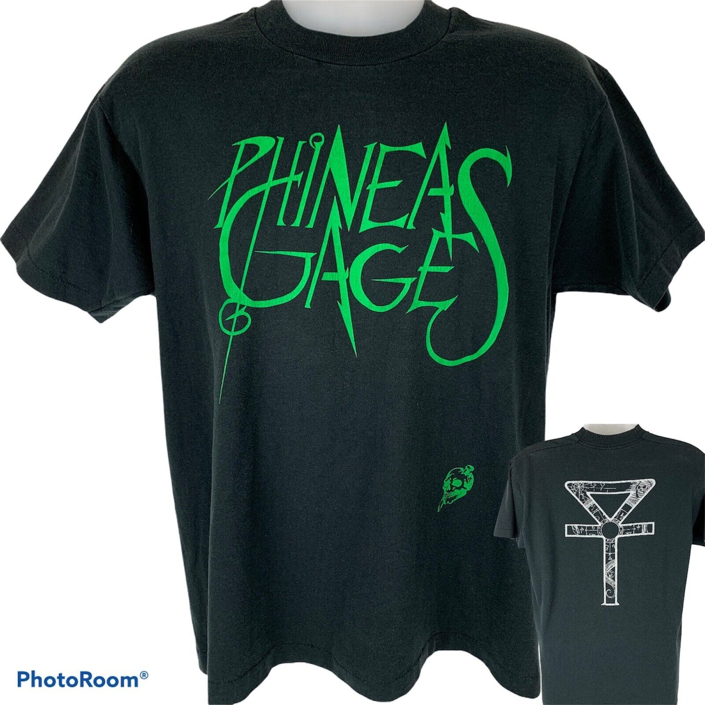 Fruit of the Loom black T-shirt featuring Phineas Gage graphic on the front and unique logo detail on the back
