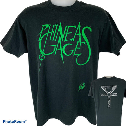 Fruit of the Loom black T-shirt featuring Phineas Gage graphic on the front and unique logo detail on the back