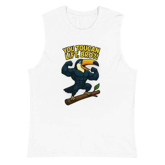 White sleeveless T-Shirt featuring a muscular toucan with the text 'You Toucan Lift, Bro?' showcasing a weightlifter theme