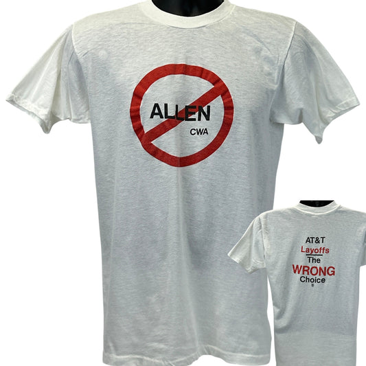 White vintage T-shirt with bold red 'ALLEN CWA' logo and text 'AT&T THE WRONG Choice' on front