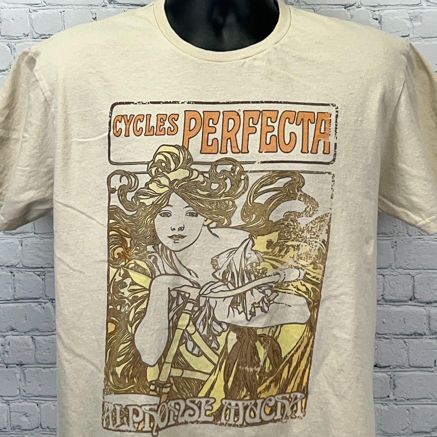 Cycles Perfecta T-shirt in cream featuring a detailed graphic design and unique retro style