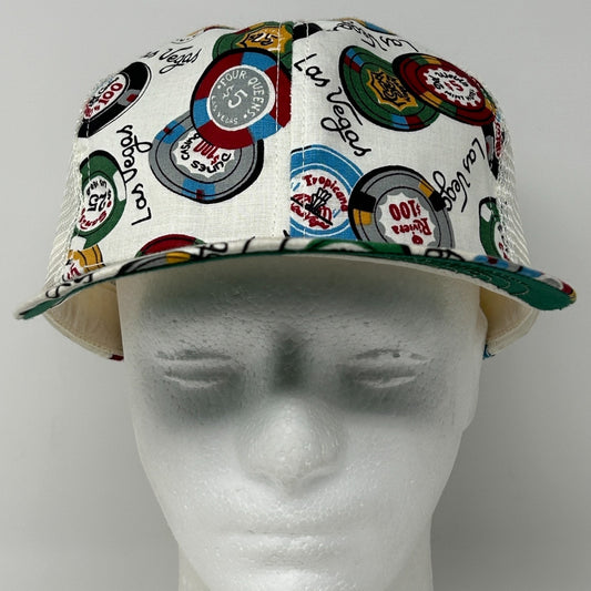 Vintage Las Vegas Poker Chips Trucker Hat Cap White 70s 80s Casino Mesh Snapback - Neon Vintage