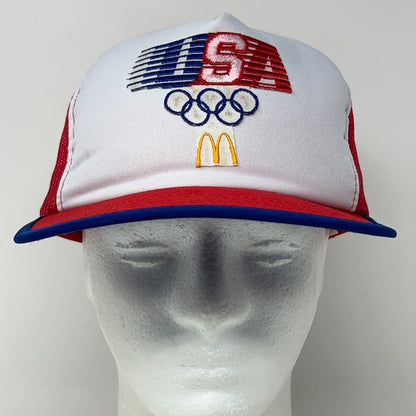 Vintage 80s USA Olympics McDonalds Trucker Hat Baseball Cap Mesh Snapback Red