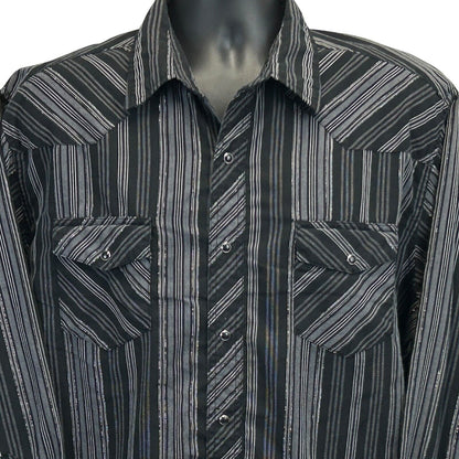 Camisa Wrangler plateada con rayas vintage de los años 90 con broche de perlas talla 2XL XXL Western para hombre, color negro