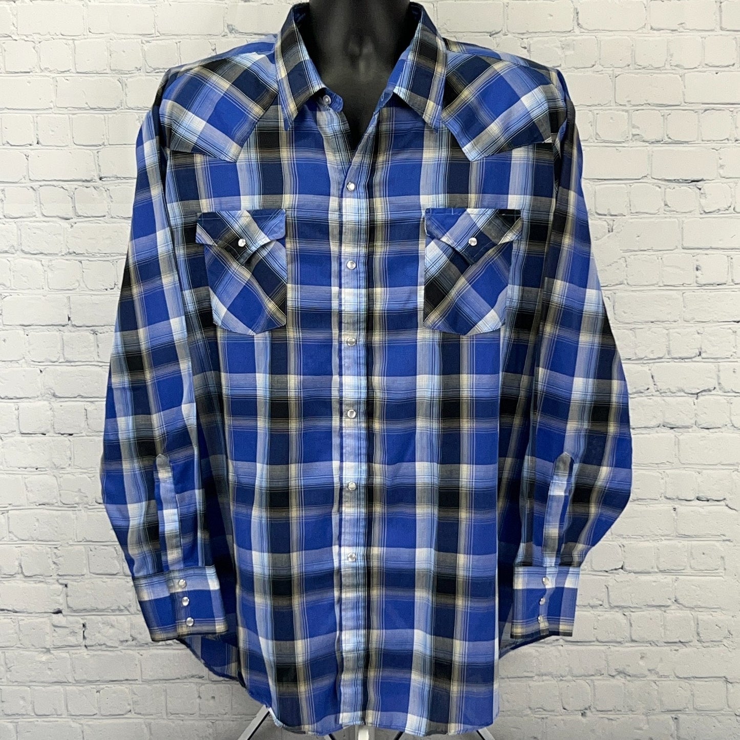 Ely Cattleman Pearl Snap Button Front Shirt Western LS Plaid Blue Mens 2XL XXL