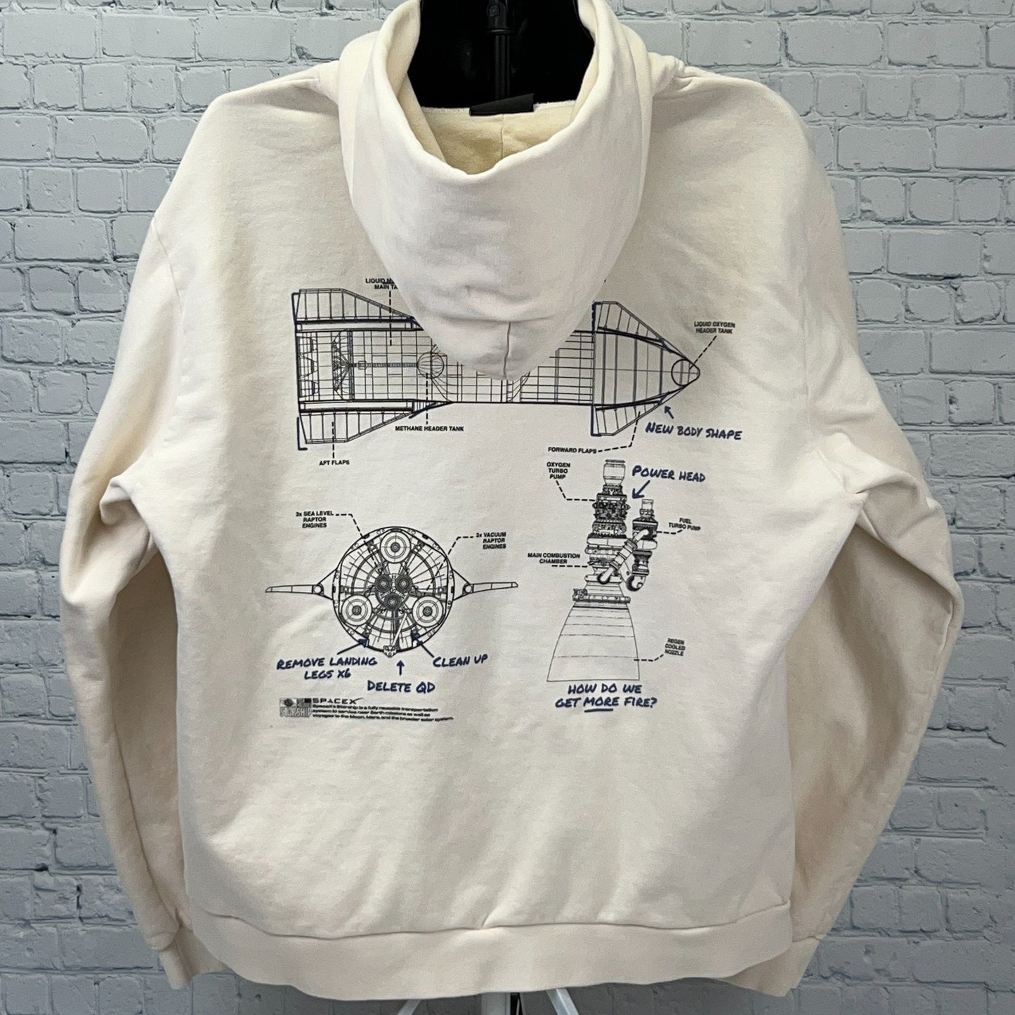 SpaceX Starship Schematics Hoodie Ivory Hooded Sweatshirt Made In USA XXL 2XL