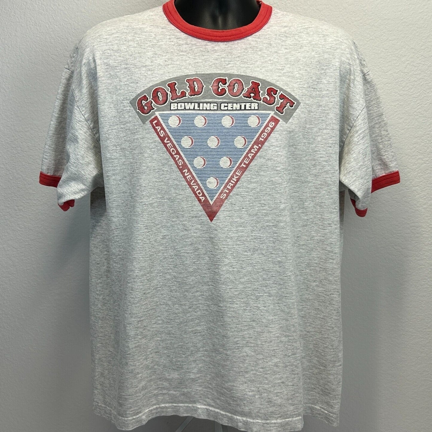 Camiseta vintage Gold Coast Bowling Center, talla extra grande, años 90, Las Vegas Bowler, para hombre, color gris