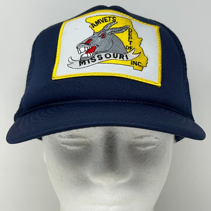 Vintage AMVETS Missouri Veterans Navy Blue Trucker Snapback Baseball Hat Cap