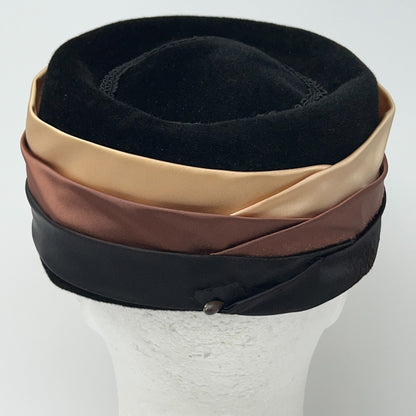 Vintage 50s 60s Merrimac Lady Ann Black Velour Pillbox Hat Womens Medium 58cm
