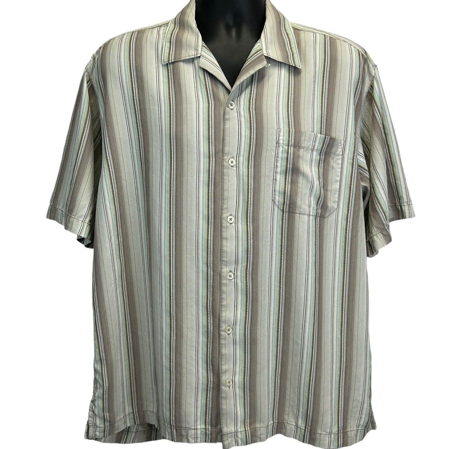 Camisa de campamento hawaiana con botones delanteros de seda Tommy Bahama, color beige, grande