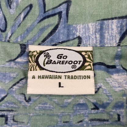 Go Barefoot Hawaiian Button Front Camp Shirt Reverse Print USA Green L Large