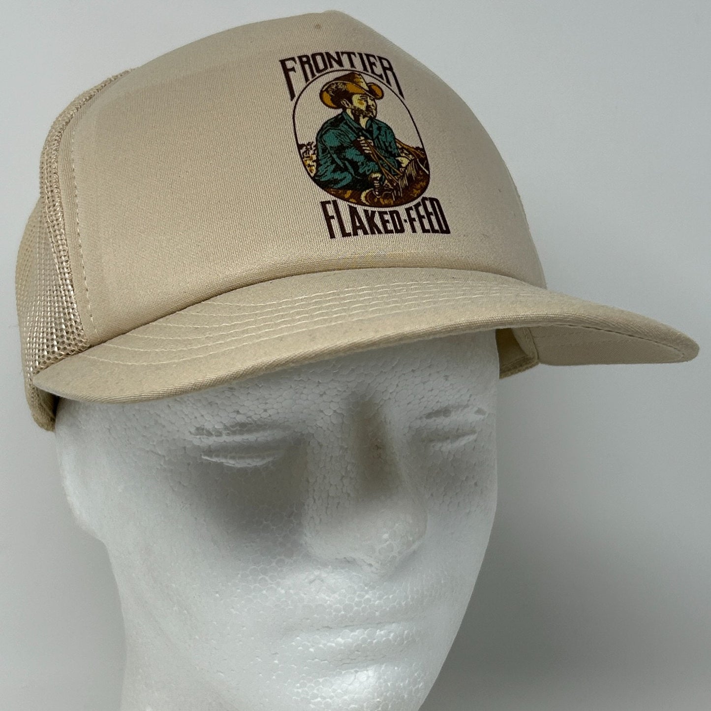 Vintage 80s Frontier Flaked Feed Trucker Hat Baseball Cap Farmer Beige Snapback - Neon Vintage