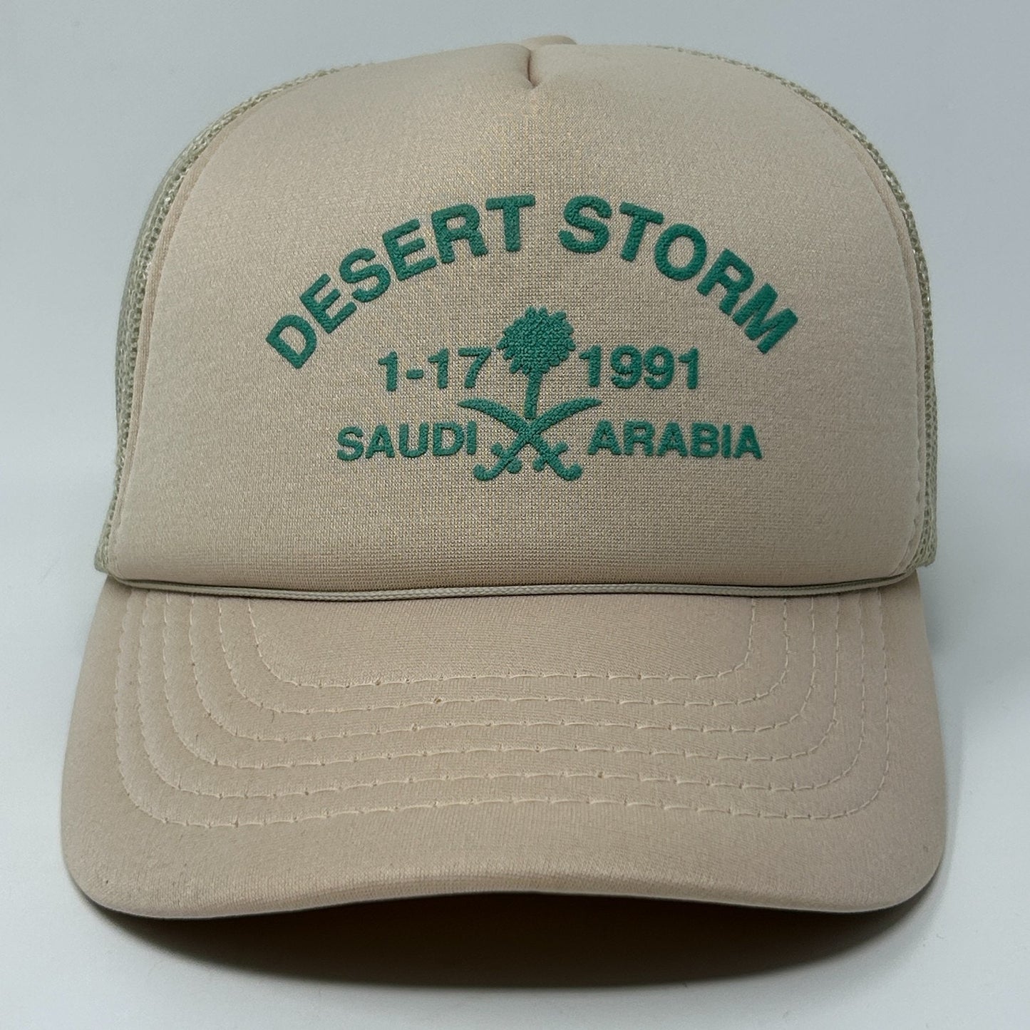 Vintage 90s Desert Storm Saudi Arabia Trucker Hat Baseball Cap Snapback Beige
