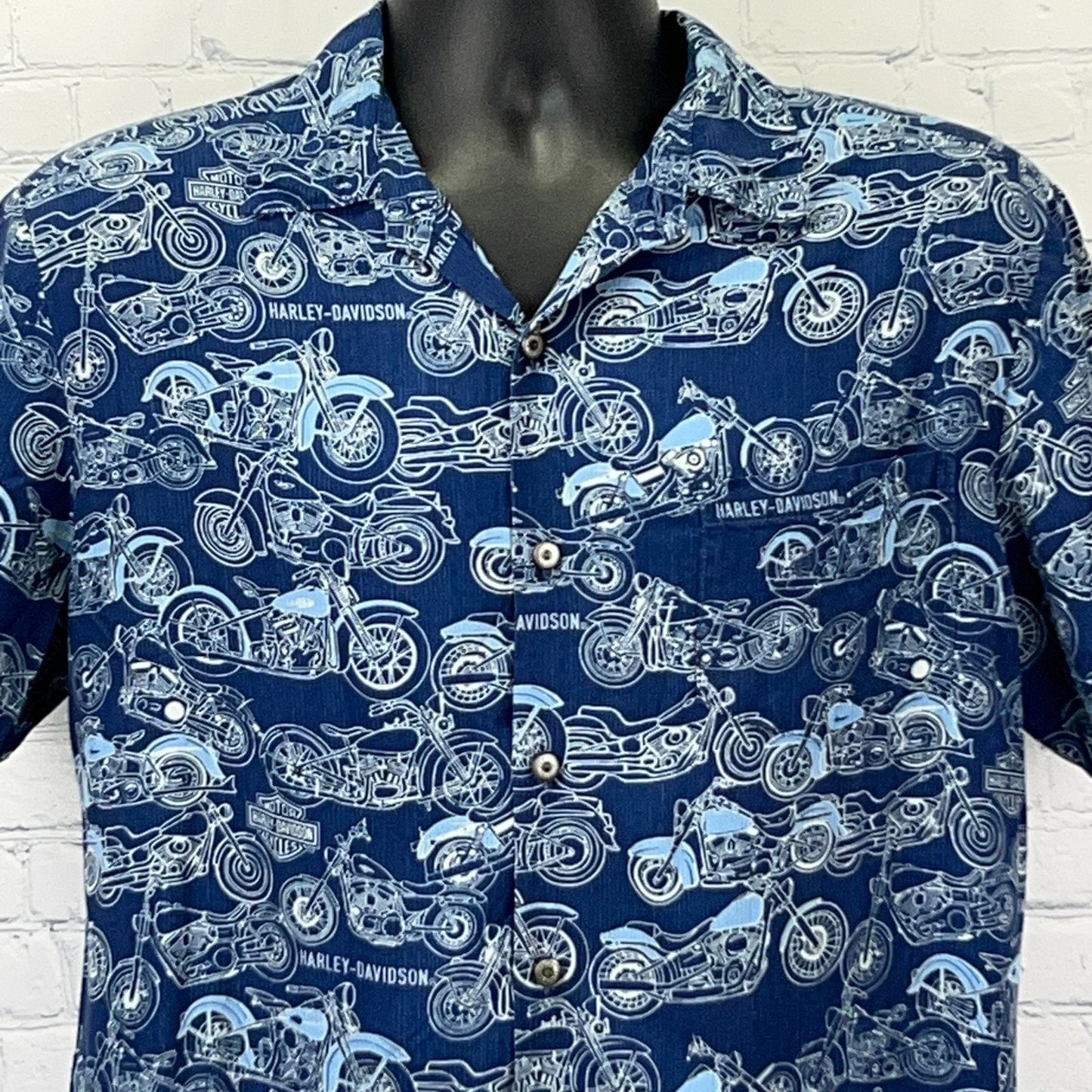 Harley Davidson Motorcycles Button Front Hawaiian Camp Shirt M Medium Blue Biker