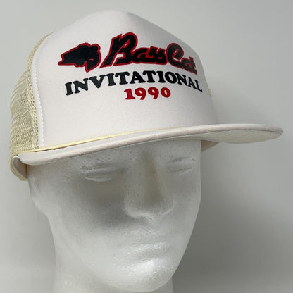 Vintage 80s Bass Cat 1990 Invitational Trucker Hat Baseball Cap Snapback White