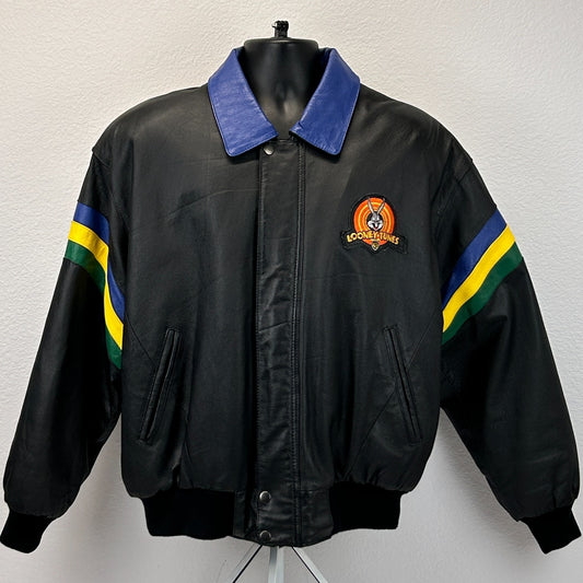 Vintage 90s Looney Tunes Leather Bomber Jacket 1997 Warner Bros Black L Large - Neon Vintage