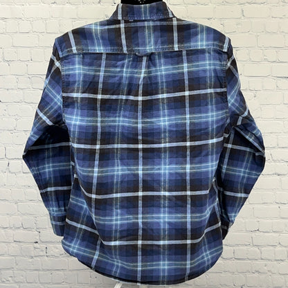 Jachs Mfg Heritage Flannel Button Front Shirt L Large Blue Plaid Pockets Cotton